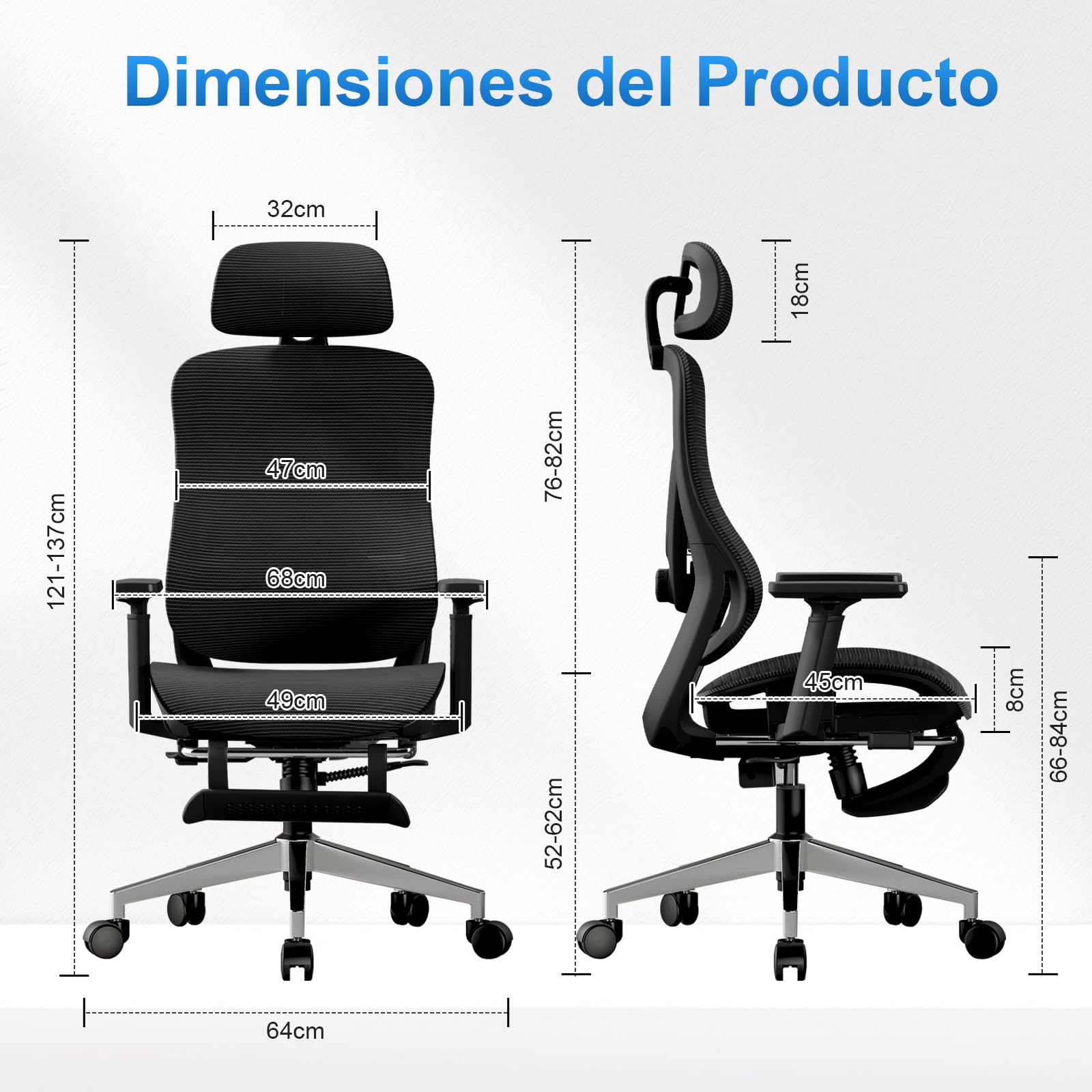 Silla Ergonómica de Oficina con Soporte Lumbar Ajustable y Reposapiés, Silla de Reclinable con Regulable Reposabrazos y Reposacabezas para Oficina en Casa, Estudio y Gaming, Negra