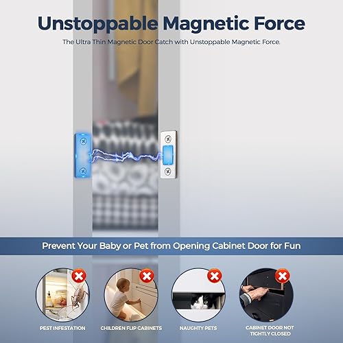 Miniatura 5 de Paquete de 4 pestillos magnéticos para puertas ultra finos para gabinetes, adhesivos plateados para puerta de armario para armario, armario,