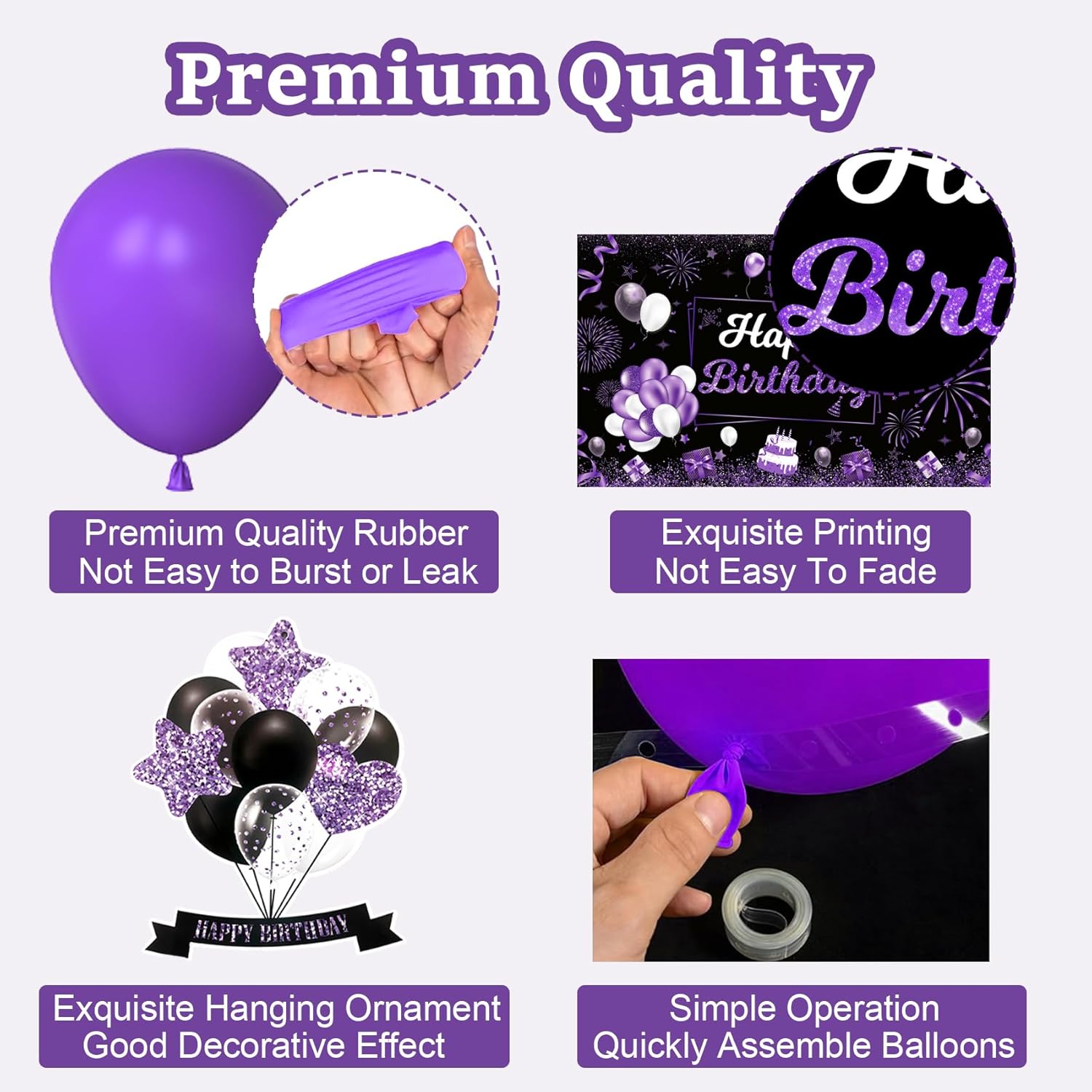 28th Birthday Decorations for Women, Purple Black Happy 28 Party Decor with Backdrop Banner, Tablecloth, 28 Number Foil Balloons for Her - Image 5