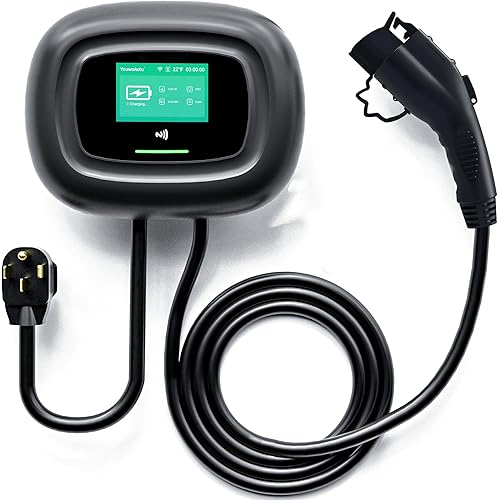 KHONS Level 2 EV Charger Up to 40 Amp 240V 10kW Home Car Charger NEMA 14-50 Plug 25ft Cable Indoor/Outdoor Car Charging Station EVSE Black with Screen