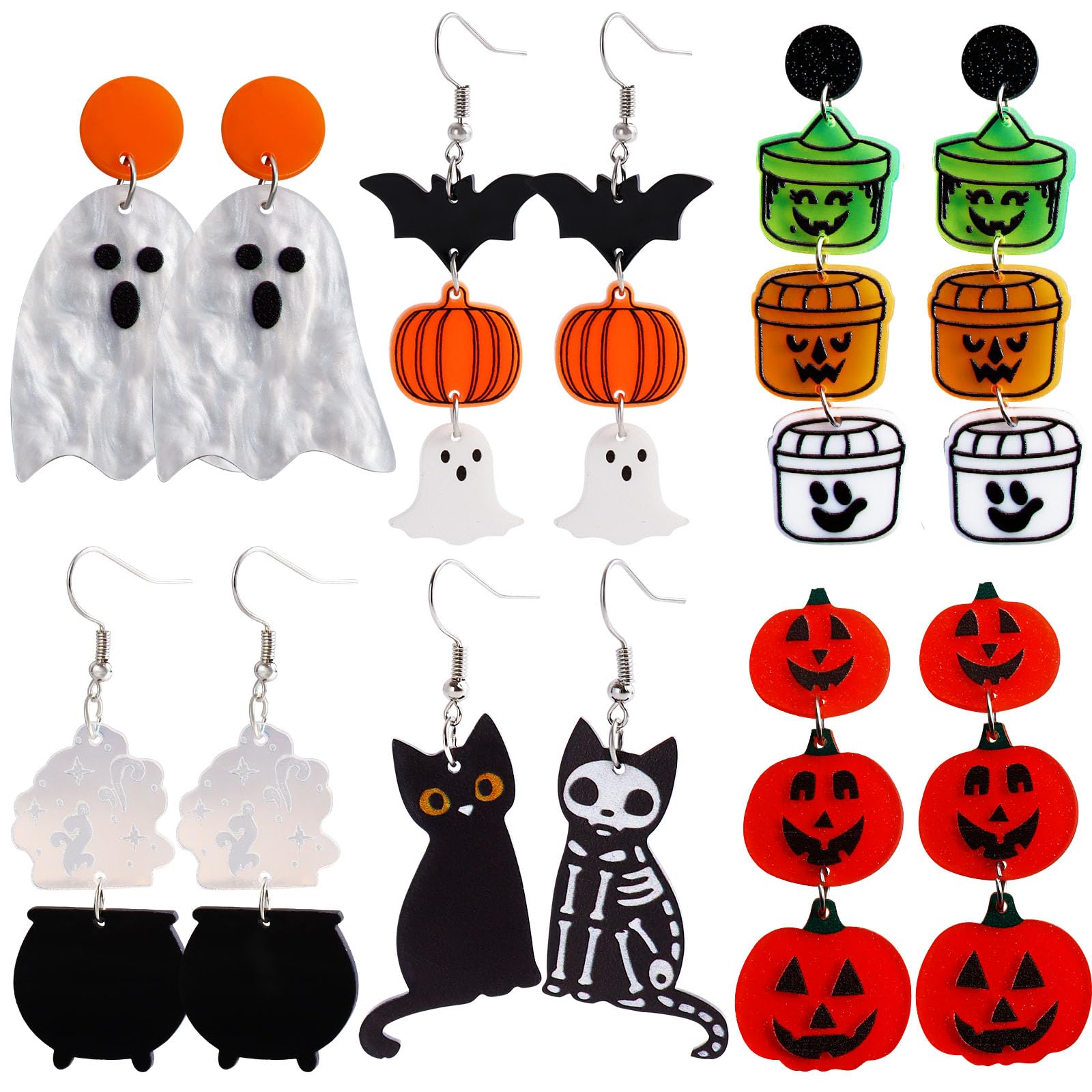 Halloween Earrings for Women Pumkin Bat Ghost Earrings Stud Dangle Earrings Cute Acrylic Earrings Halloween Jewelry 6 Pairs