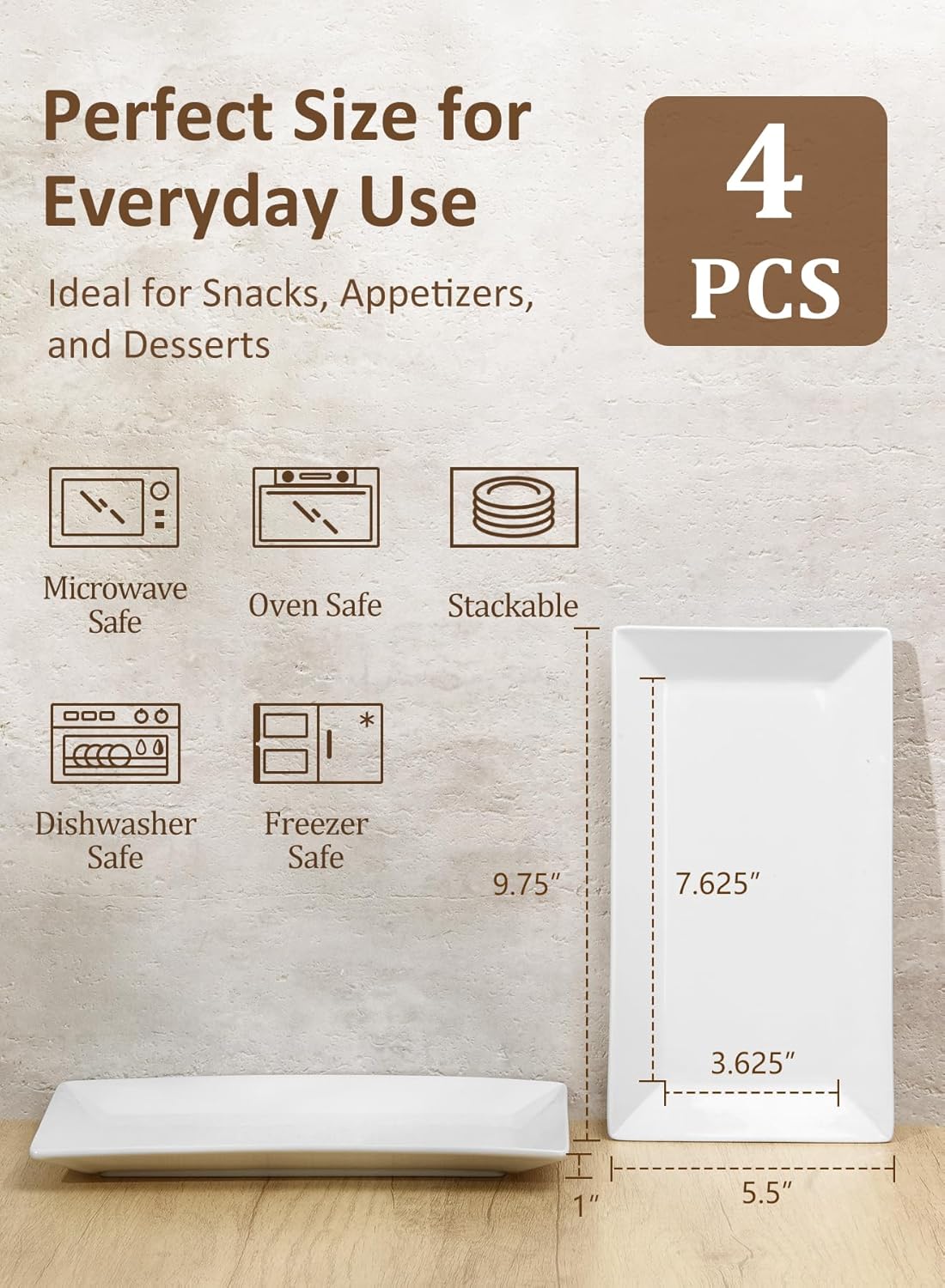 Yedio Porcelain Rectangular Dinner Platters, 9.75 Inch Rectangle Serving Plates for Sushi, Snacks, Cake, Meat & Appetizers, Set of 4, Elegant White Design - Image 2