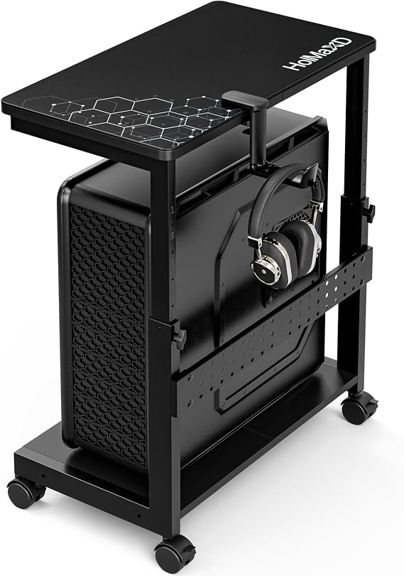 Height Adjustable Computer Tower Stand, 2-Tier ATX-Case CPU Holder with Mouse Pad & Headphone Stand, Mobile PC Standing Under Desk, Home Office Gaming Accessories, Computer Cart Wheels, Black