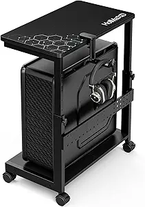 Height Adjustable Computer Tower Stand, 2-Tier ATX-Case CPU Holder with Mouse Pad & Headphone Stand, Mobile PC Standing Under Desk, Home Office Gaming Accessories, Computer Cart Wheels, Black