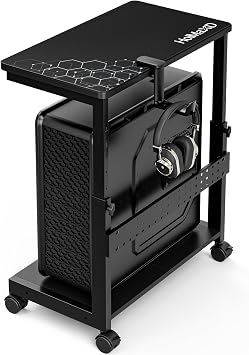 Height Adjustable Computer Tower Stand, 2-Tier ATX-Case CPU Holder with Mouse Pad & Headphone Stand, Mobile PC Standing Under Desk, Home Office Gaming Accessories, Computer Cart Wheels, Black