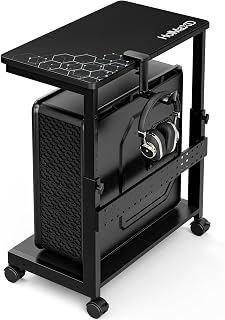 Height Adjustable Computer Tower Stand, 2-Tier ATX-Case CPU Holder with Mouse Pad & Headphone Stand, Mobile PC Standing Under Desk, Home Office Gaming Accessories, Computer Cart Wheels, Black
