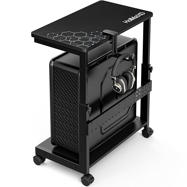 Height Adjustable Computer Tower Stand 2-Tier ATX-Case CPU Holder with Mouse Pad Headphone Stand Mobile PC Standing Under