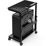 Height Adjustable Computer Tower Stand, 2-Tier ATX-Case CPU Holder with Mouse Pad & Headphone Stand, Mobile PC Standing Under Desk, Home Office Gaming Accessories, Computer Cart Wheels, Black