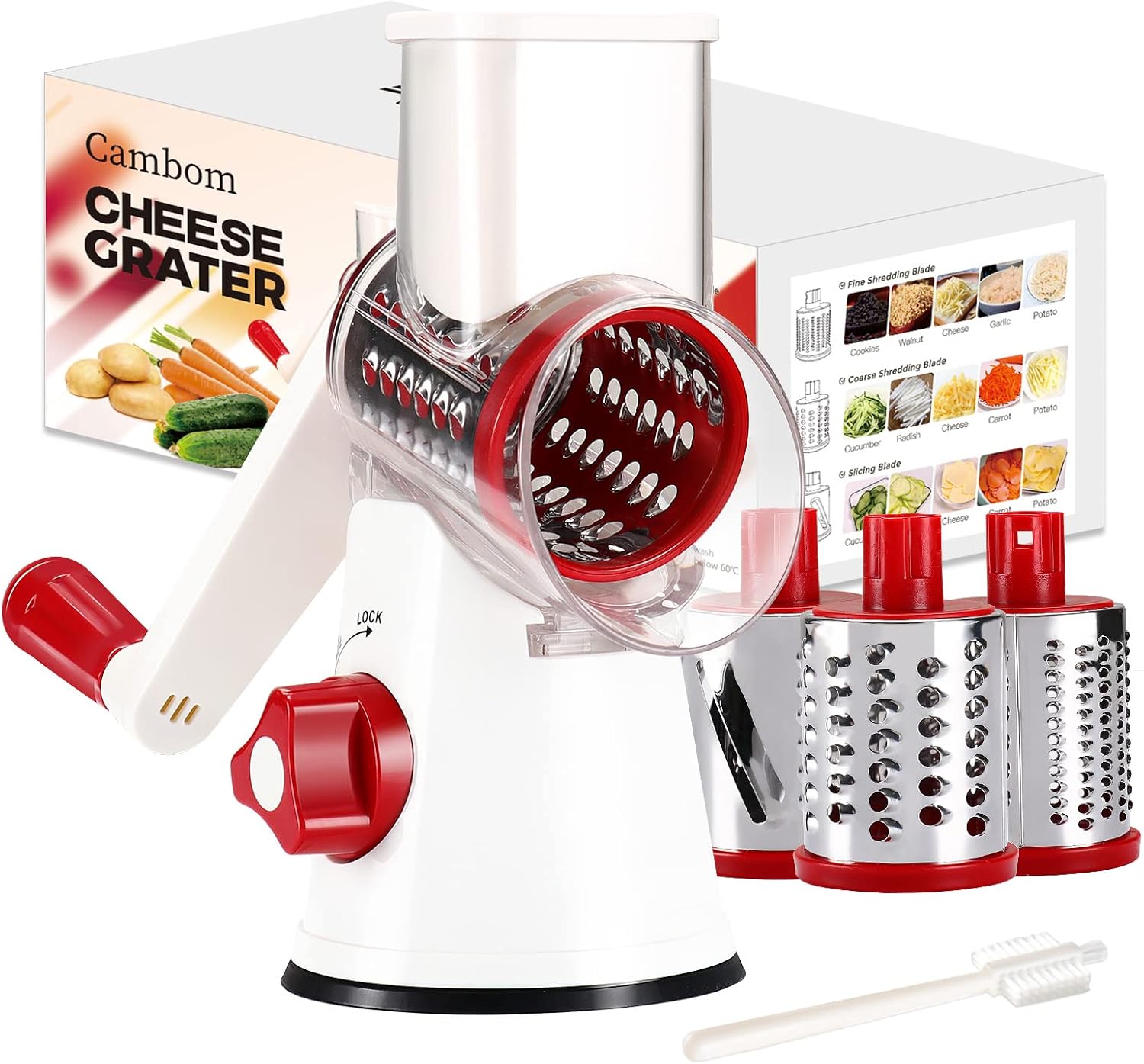 5-in-1 Rotary Cheese Grater & Vegetable Slicer – Manual Food Chopper With Suction Base & 5 Blades