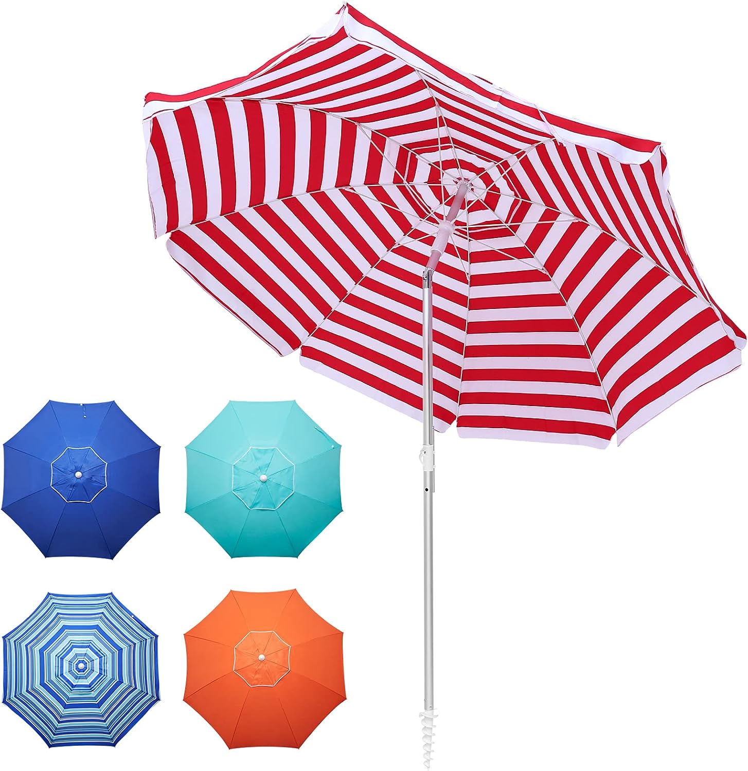 Hanekuc 6.5 FT Beach Umbrella with Sand Anchor & Tilt Mechanism Outdoor Portable Sunshade with Carry Bag, UV 50+ Protection, for Beach Garden,Red White Stripe