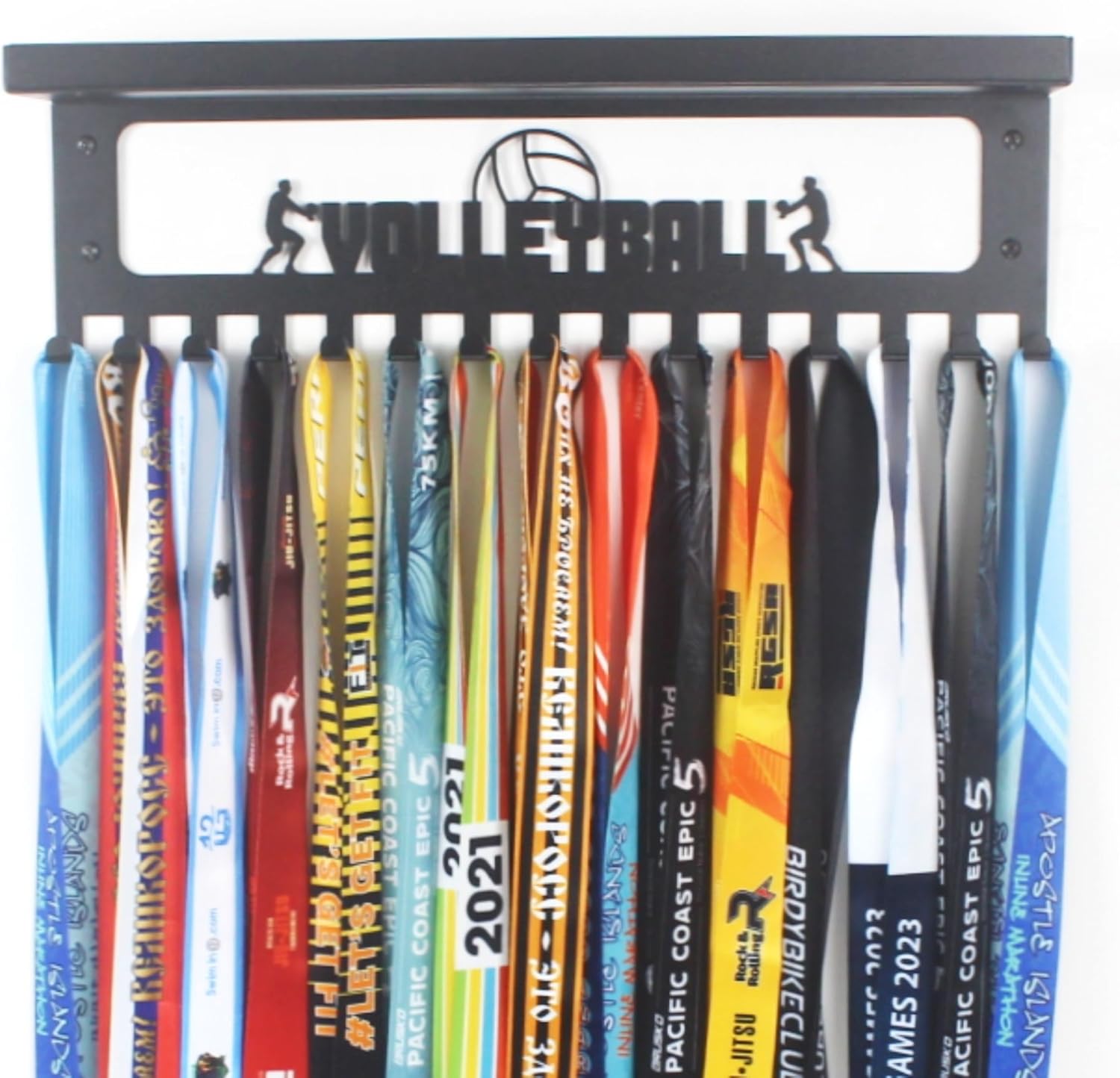 16" Premium Metal Wall Mount Golf Design Medal Hanger and Ribbon Display Holder Rack with 3" Trophy Shelf and Easy Hanging Hooks - Great Gift for Kids & Adults (Black)