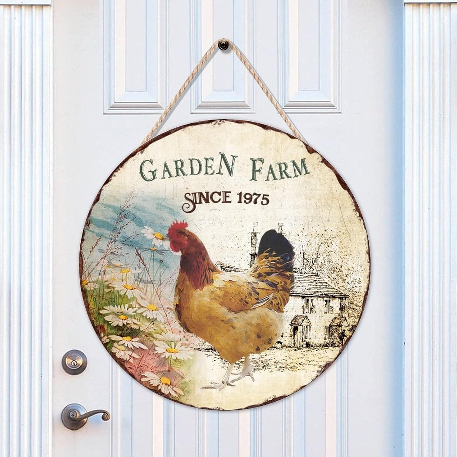 Garden Farm Since 1975 Wood Door Sign Vintage Front Door Sign 16x16in Rooster Wall Door Hanging Sign Farmhouse Backyard Door Hanger Wall Decor Housewarming Gifts