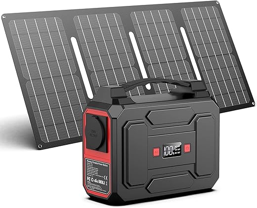 Powkey Powerstation mit Solarpanel 99Wh/27000mAh Tragbares Kraftwerk mit 40W Faltbares Solarpanel 100W Solargenarator mit 230V AC Ausgang/QC 3.0 18W USB/Typ-C für Camping Angeln…