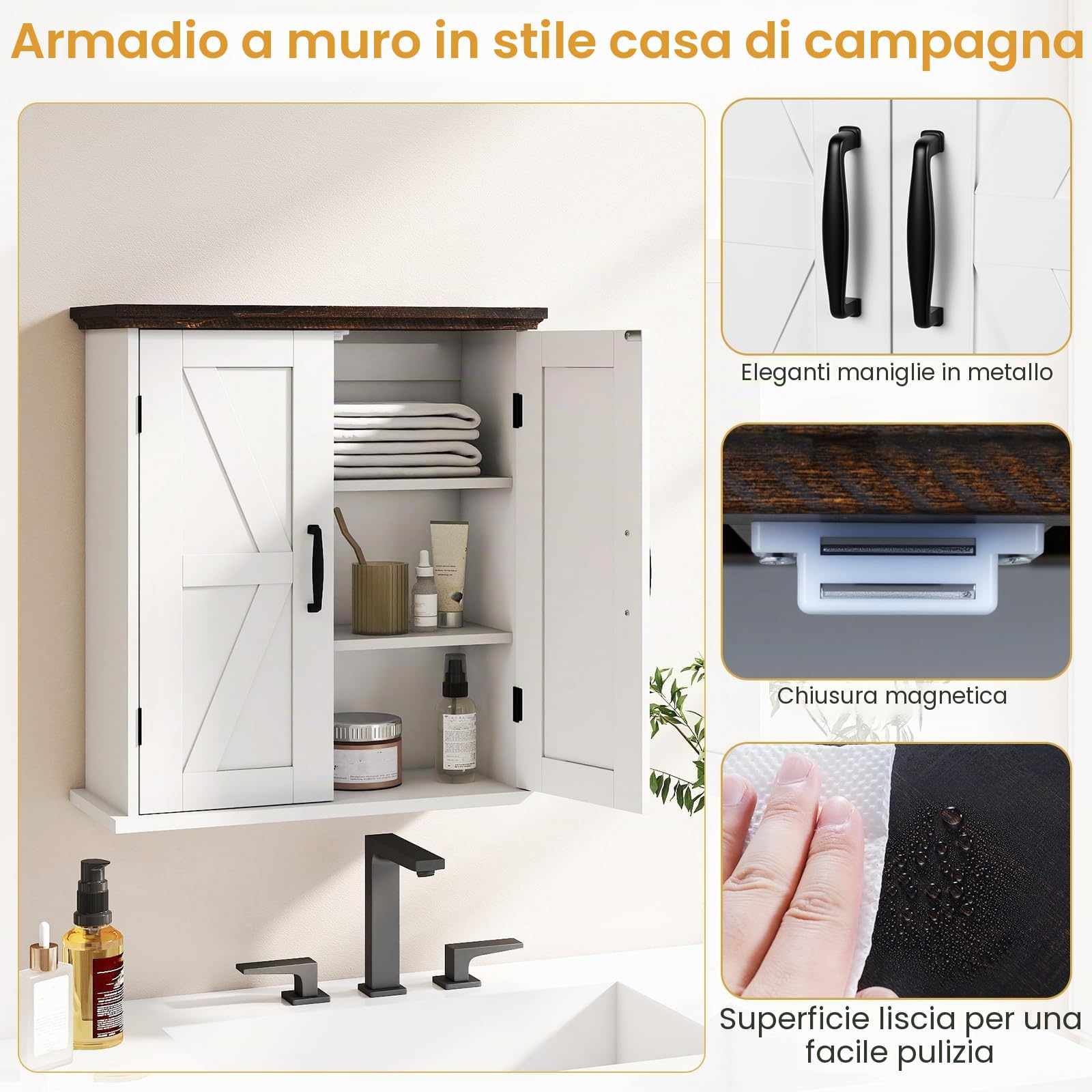 Giantex Armadietto pensile da parete con 2 ripiani regolabili e 2 ante, in stile rustico, salvaspazio per bagno, cucina e soggiorno, 53,5 x 22,5 x 60 cm