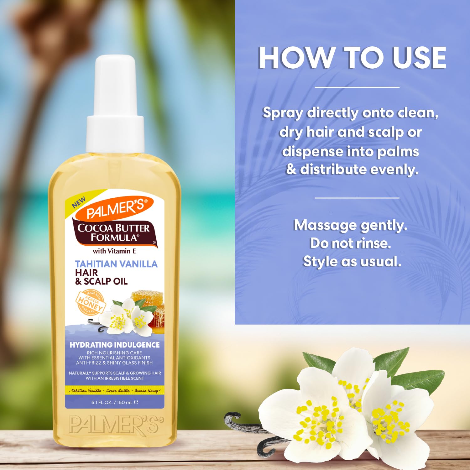 Palmer's Cocoa Butter Formula, Tahitian Vanilla Hair & Scalp Oil, (5.1 Fl Oz), Hydrating & Nourishing Oil with Vitamin E & Acacia Honey for Shine, Smoothness & Frizz Control, All Hair Types