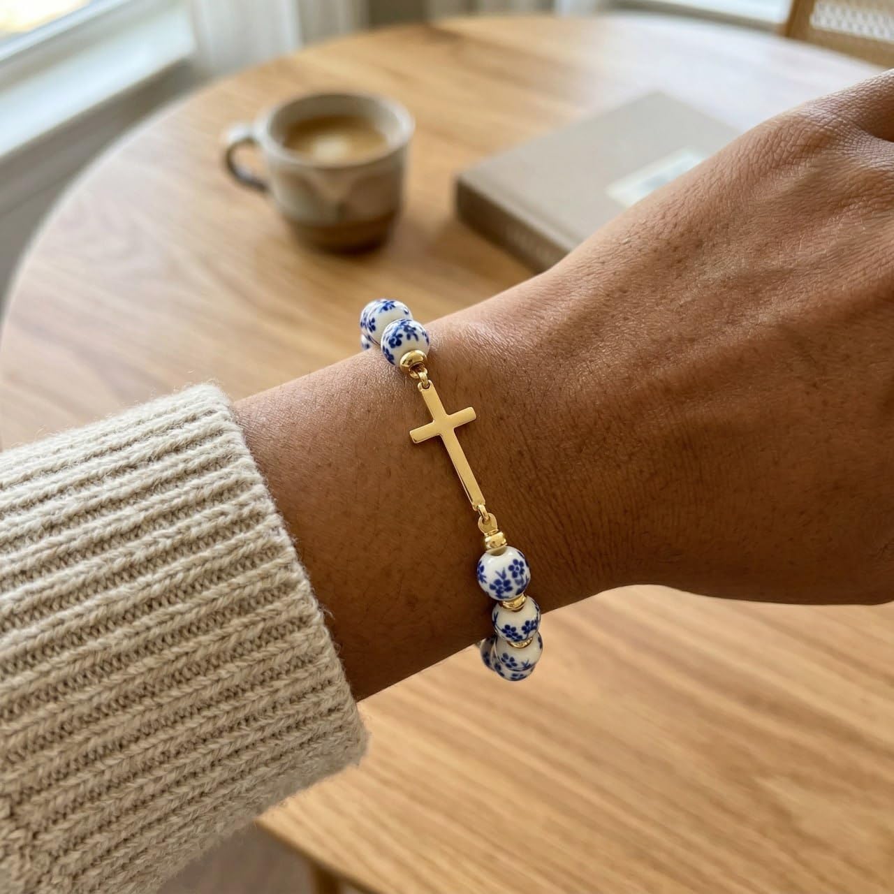 Blue White Ceramic Bead Cross Bracelet for Women, Gold Plated Christian Faith Bracelet, Adjustable Religious Jewelry Gift for Her