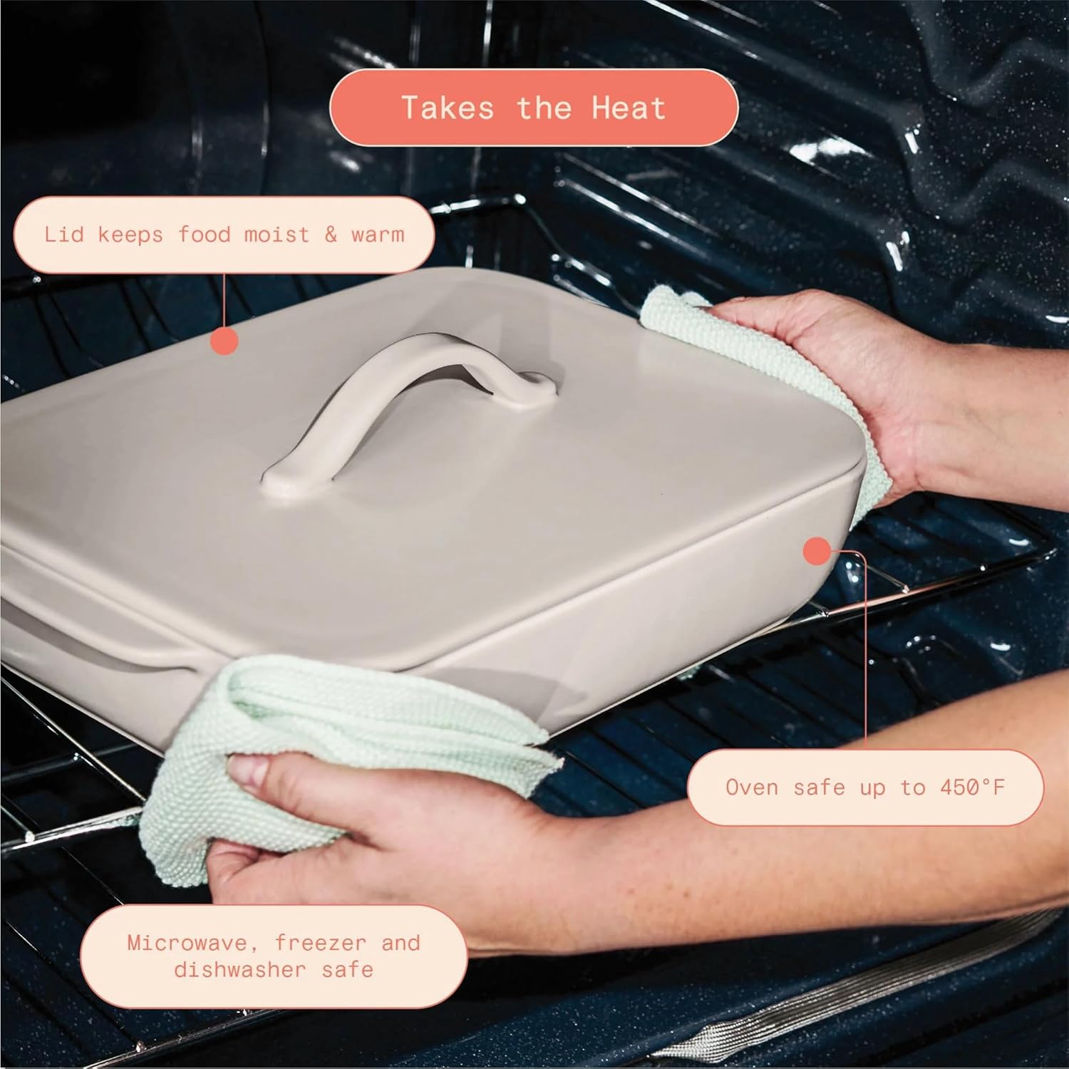 9x13 Covered Stoneware Baking Dish, Porcini Taupe Casserole Pan with Glass Lid, Oven Safe Lasagna Roaster for Kitchen, Dishwasher Safe