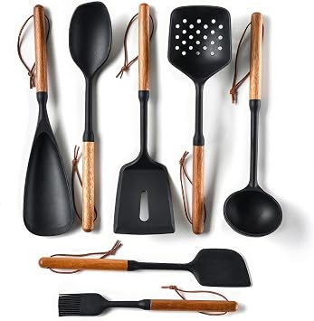 Silicone Cooking Utensils Set, 7PCS Silicone Kitchen Utensils with Wooden Handles, Heat Resistant Spatula Spoon Turner with Hanging Rope,Gadgets Utensil Set for Non-Stick Cookware BPA Free Black