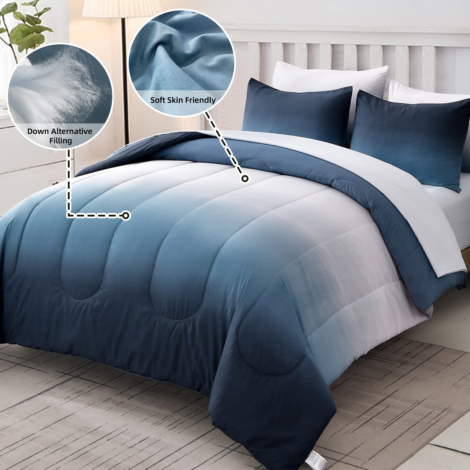 Gradient Blue White Comforter Set King Size 7 Pieces Ombre Navy Blue Bed in a Bag Complete Bedding Set - Breathable Solid Ocean Sea Blue Bed Sets with Flat/Fitted Sheet, 2 Pillowcases, 2 Pillow Shams