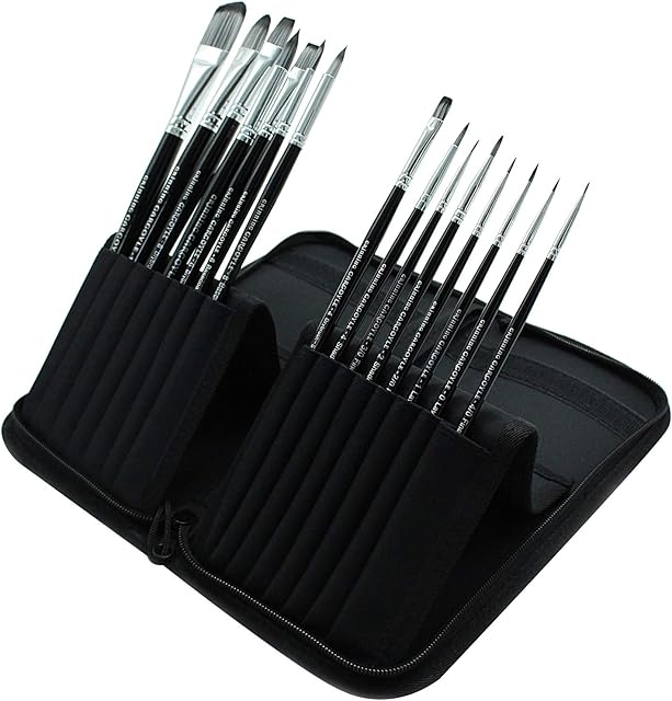 Acrylic Hobby Paint Brush Set - 15 Model Painting Brushes for Roleplaying Miniature and Wargaming Figure - Pop Up Carry Case - Grinning Gargoyle BRU02