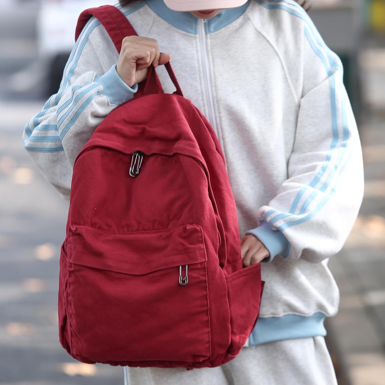 Vintage Canvas Backpack for Women Grunge Hippie Cute Boho School Backpack Casual Y2K Aesthetic Backpack (Red) - Image 5