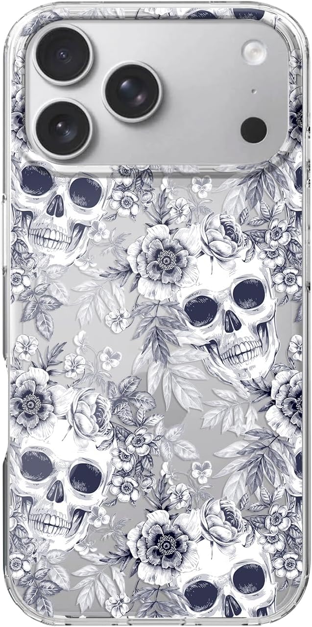 for iPhone 18 Pro Case, Vintage Floral Skull Pattern Clear Case