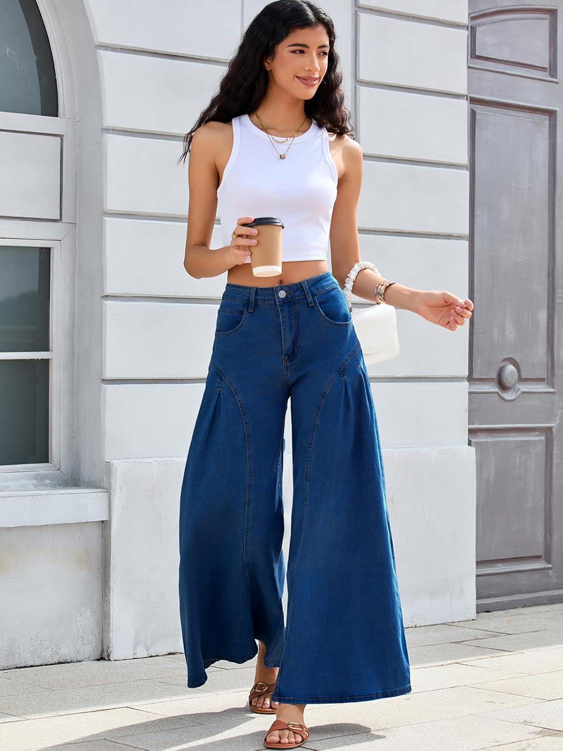 Women Bell Bottom Jeans High Waist Stretch Wide Leg Baggy Flared Pleated Vintage Casual Loose Denim Pants - Image 7