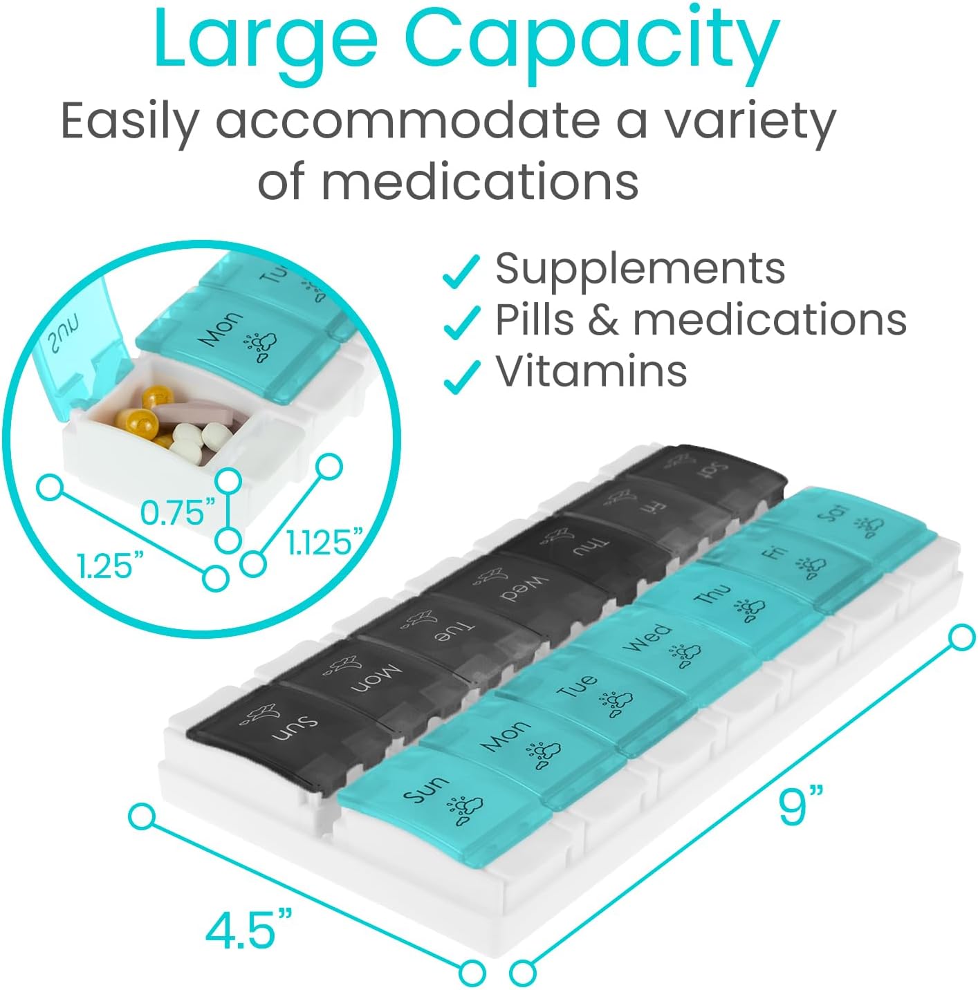 Vive Pill Organizer 2 Times a Day - Weekly Large Am Pm Pill Box 7 Day - Day and Night Medication Dispenser for Vitamin, Supplements, Fish Oil - Travel Pill Case Arthritis Friendly with Push Button
