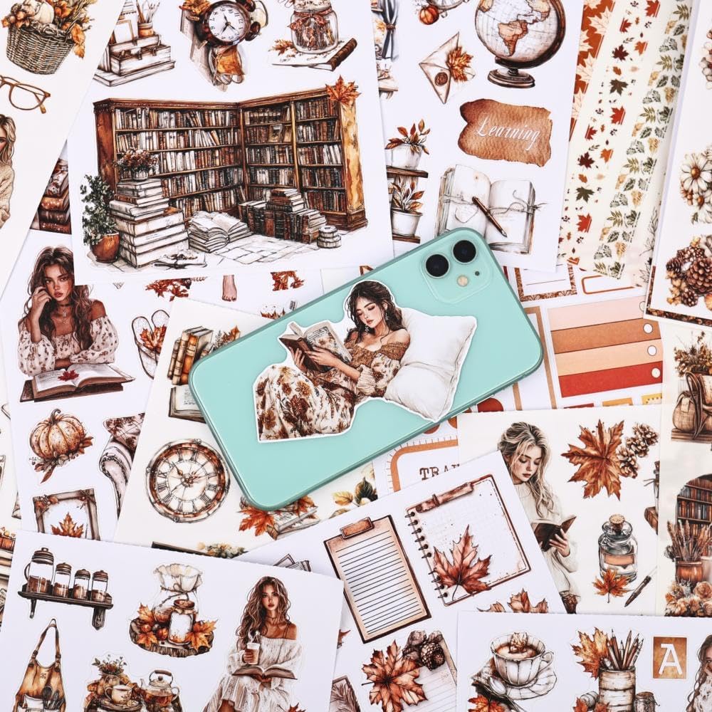 Afternoon Reading Sticker Book for Adults Journaling, 20 Diecut PET Washi Paper Scrapbook Stickers Sheets, Ephemera for Junk Journals Supplies, Scrapbooking, Collage, Bujo, A5
