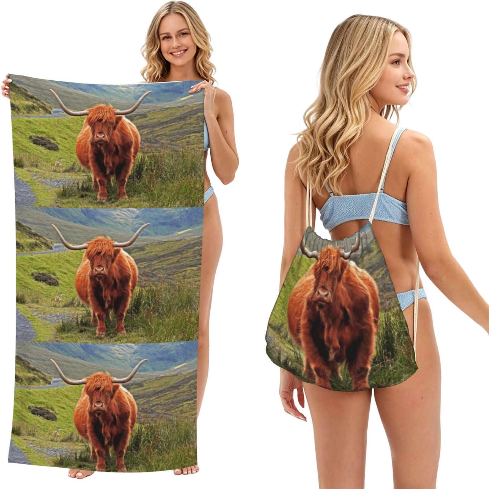 Poadnly As Picture Brown Highland Cattle, 2 In 1 Packable Towel Bag, Beach Towels With Drawstring Backpack For Travel Holiday Camping