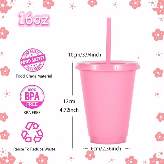 480ml Reusable Plastic Cups, 15 Pack of Kids Tumbler with Lid and Straw, for Cold Drinks, Iced Coffee, Travel and Smoothies (15, Pink)