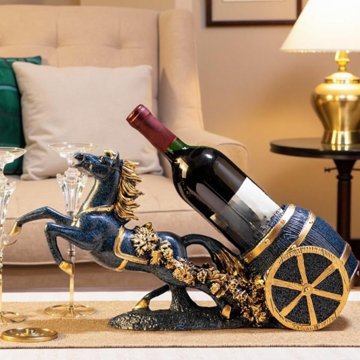 AWNR Resin Horse Success Wine Stand - Light Luxury High end Navy Blue Horse to Success Tabletop Wine Stand, Living Room Wine Cabinet Decoration