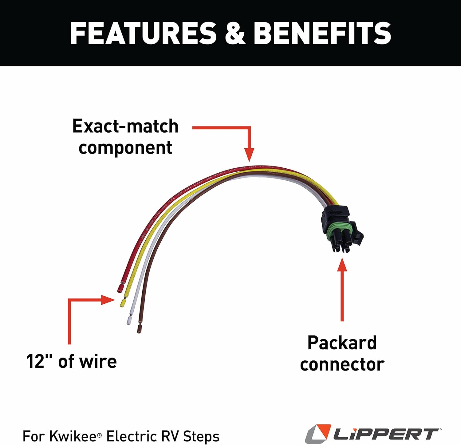 Kwikee Replacement Electric RV Step 4-Way Wiring Plug with Packard Connector for 5th Wheel RVs, Travel Trailers and Motorhomes, 4-Pin Pre-Wired Harness with Male Connection - 369243