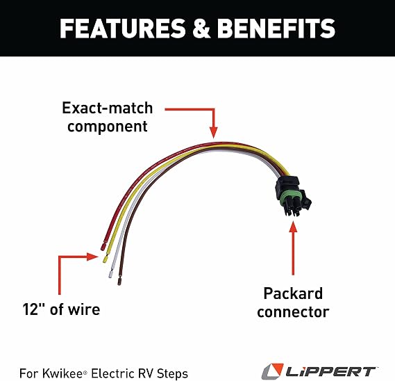 Kwikee Replacement Electric RV Step 4-Way Wiring Plug with Packard Connector for 5th Wheel RVs, Travel Trailers and Motorhomes, 4-Pin Pre-Wired Harness with Male Connection - 369243