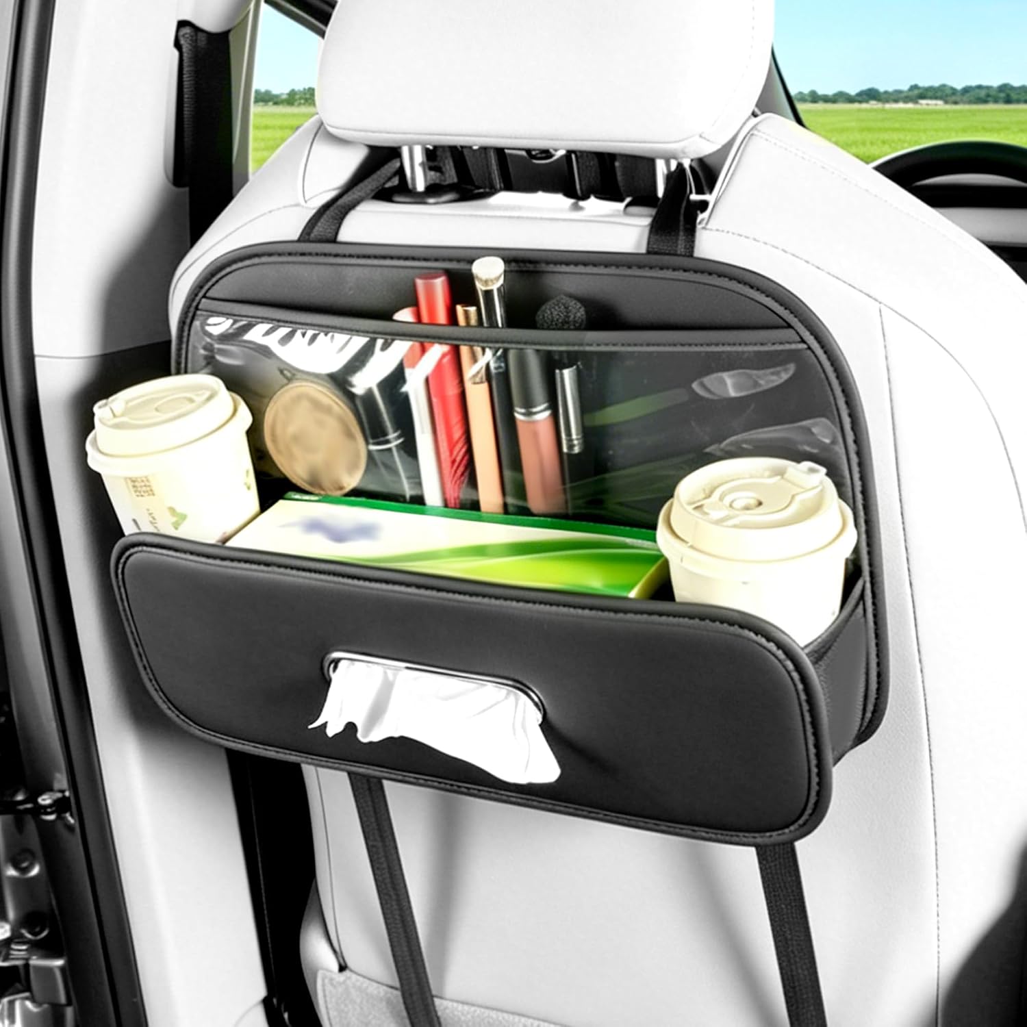 Back Seat Car Organizer, 4 in 1 Multifunctional Headrest Backseat Storage with Cup Holder Tissue Box, Universal for SUV, Sedan, Truck, Auto Drink Snack Phone Tray Travel Accessories