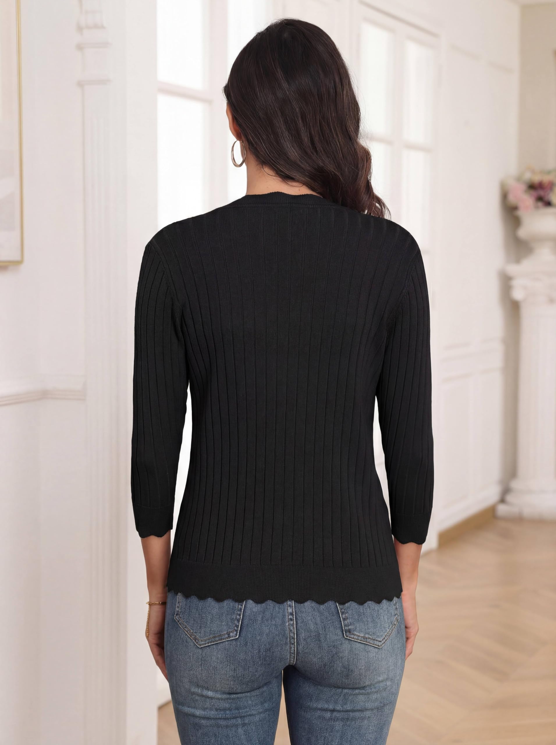 GRECERELLE Damen Cardigan mit 3/4 Arm, Elegante Strickjacke mit Wellensaum, V-Ausschnitt Leichte Rippstrick-Jacke für Sommer und Übergangszeit