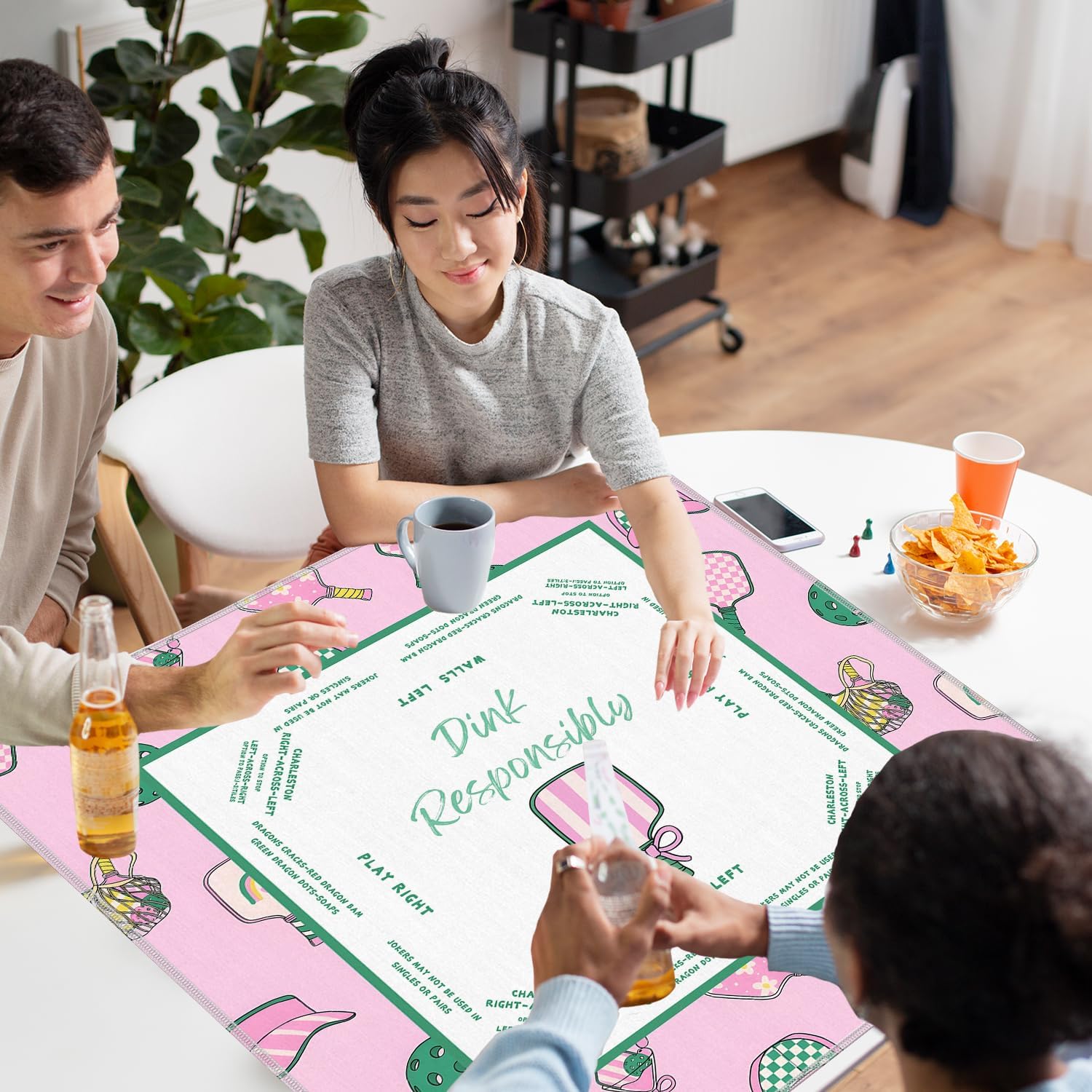 WHCHJ Pink and Green Pickleball Martini Mahjong Mat 21.5 x 21.5 in | Trendy Preppy Floral Cocktail Anti-Slip Noise-Reducing Mahjong Mat for Table Board, Games Tile Games, Poker and Cards