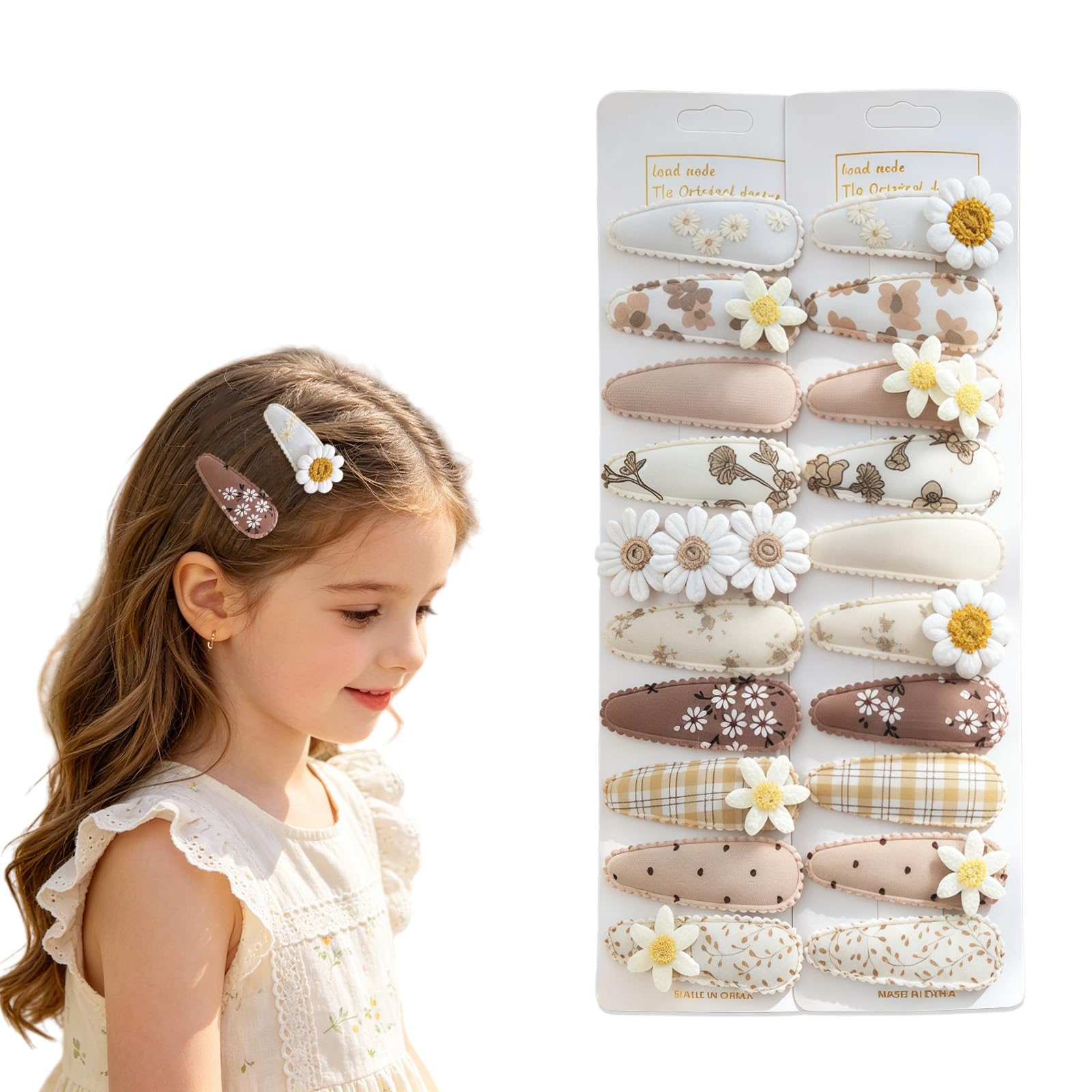 XQMMGO 20 Pack Hair Clips for Girls, Baby Hair-Clips, Handmade-Hair Accessories, Print Snap Hair-Clip with Embroidery Daisy Flower, Non Slip Barrettes, for School Age und Infant (B)