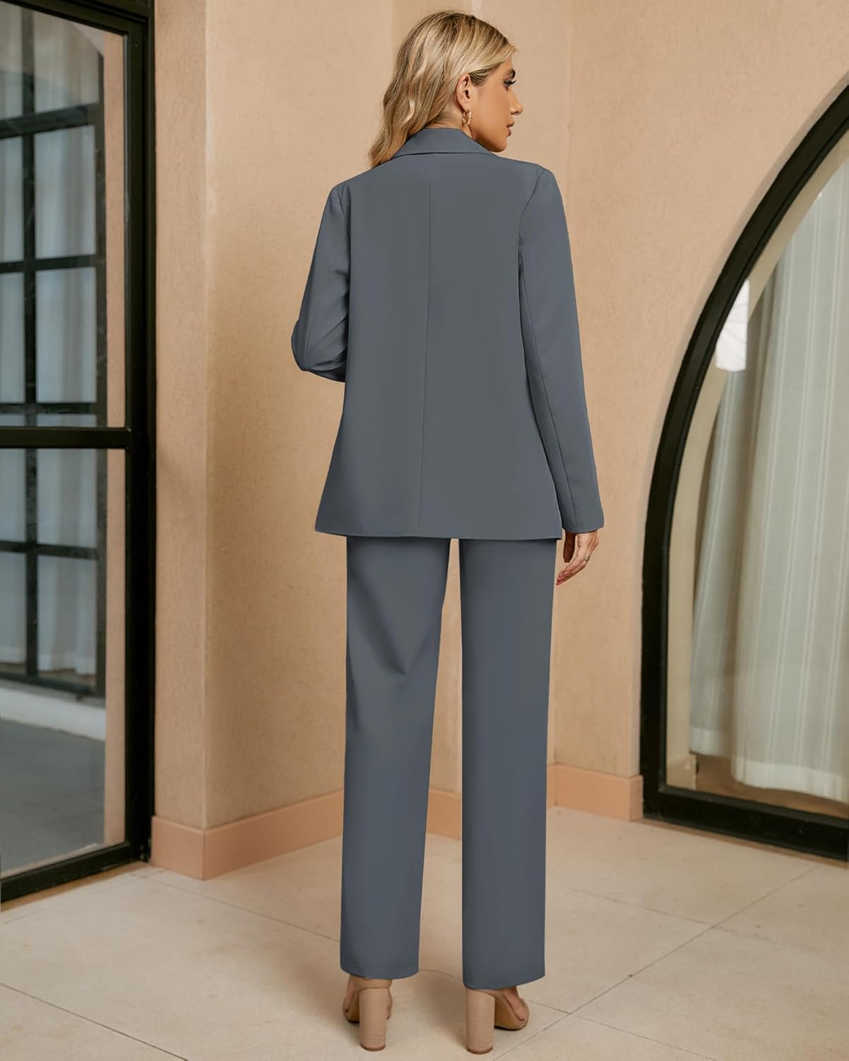 luvamia 2 Piece Outfits for Women Dressy Long Blazer Jackets High Waisted Wide Leg Pants Suits Set Business Casual Office - Image 6