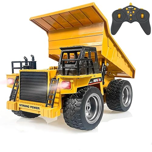 Remote Control Construction Dump Truck Toy 2.4G RC 6 Channel Bulldozer 4 Wheel Driver Mine Construction Alloy Metal Vehicle Truck 1:18 with 2 Rechargeable Batteries for Boys Birthday Gift Age 6+