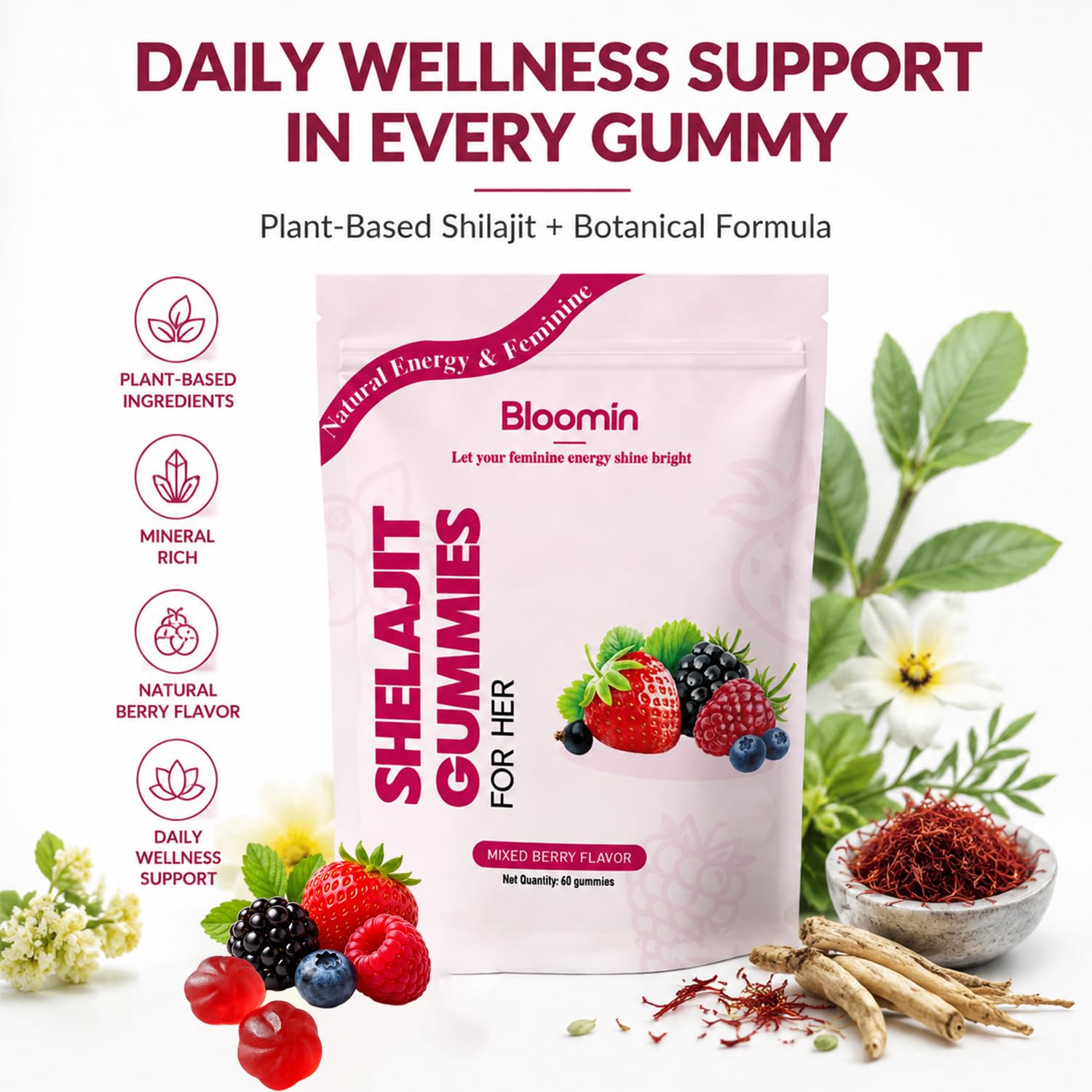 Bloomin Shilajit Gummies for Women, Daily Feminine Energy & Mood Support, Mixed Berries Flavor for Vitality with Shilajit, Vegan, 60 Gummies