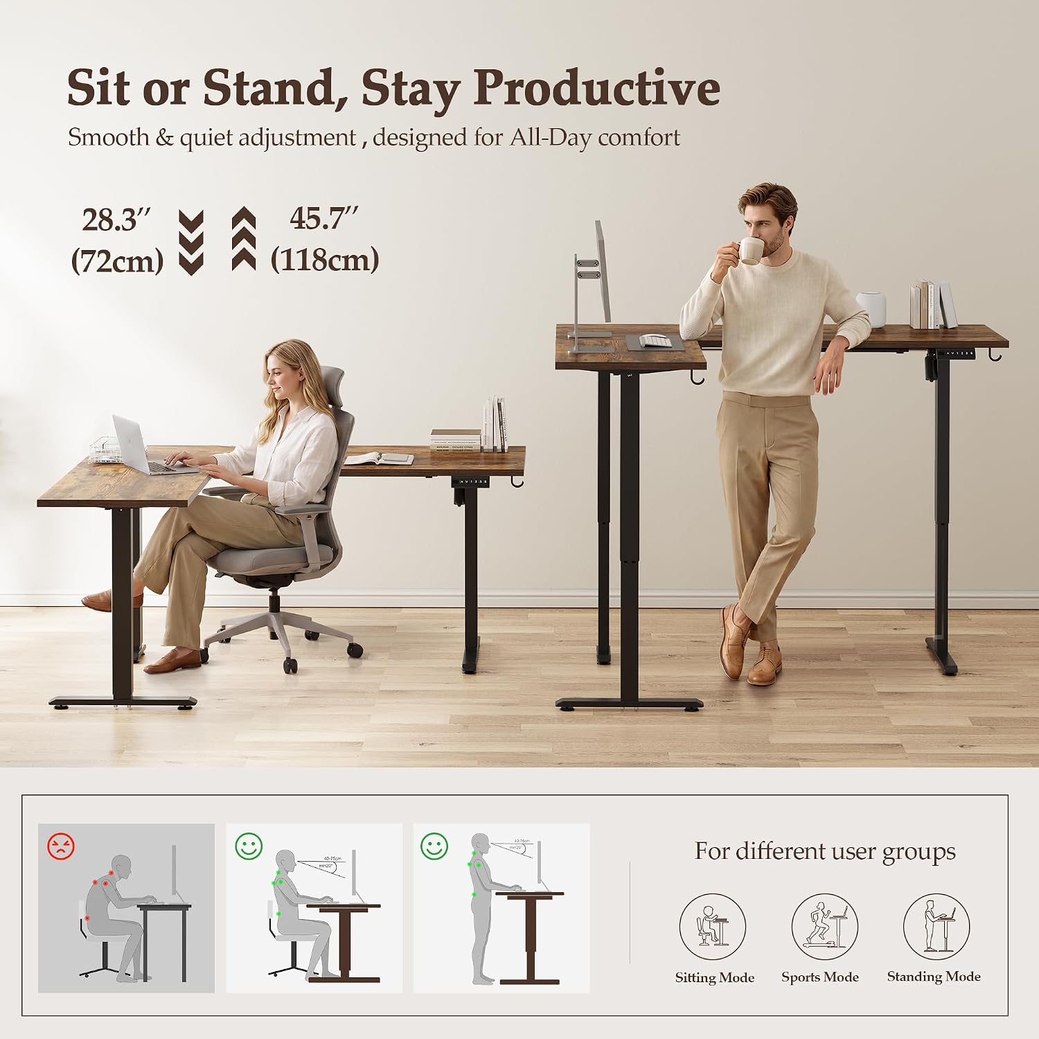 Klicelor L Shaped Standing Desk 63 x 48 Inch, Electric Height Adjustable Corner Desk for Home Office Workstation, Ergonomic Sit to Stand Computer Table with Memory Controller, Rustic Brown