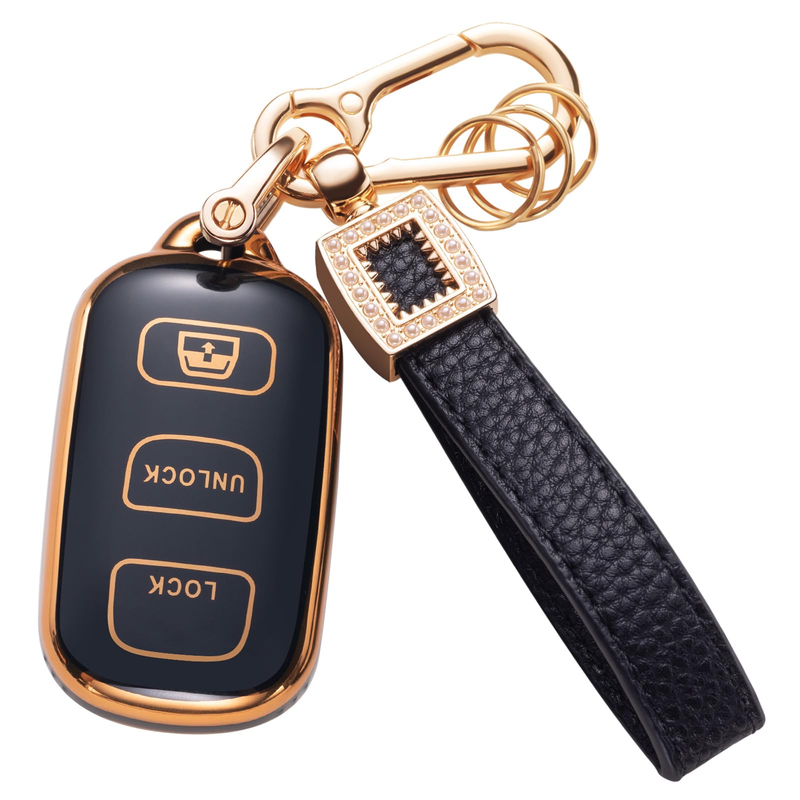 for Toyota Key Fob Cover with Leather Lanyard, Car Key Fob Case Compatible with 2003-2009 Toyota 4Runner Matrix 1999-2006 Toyota Camry Smart Key Protector Holder, Black+gold