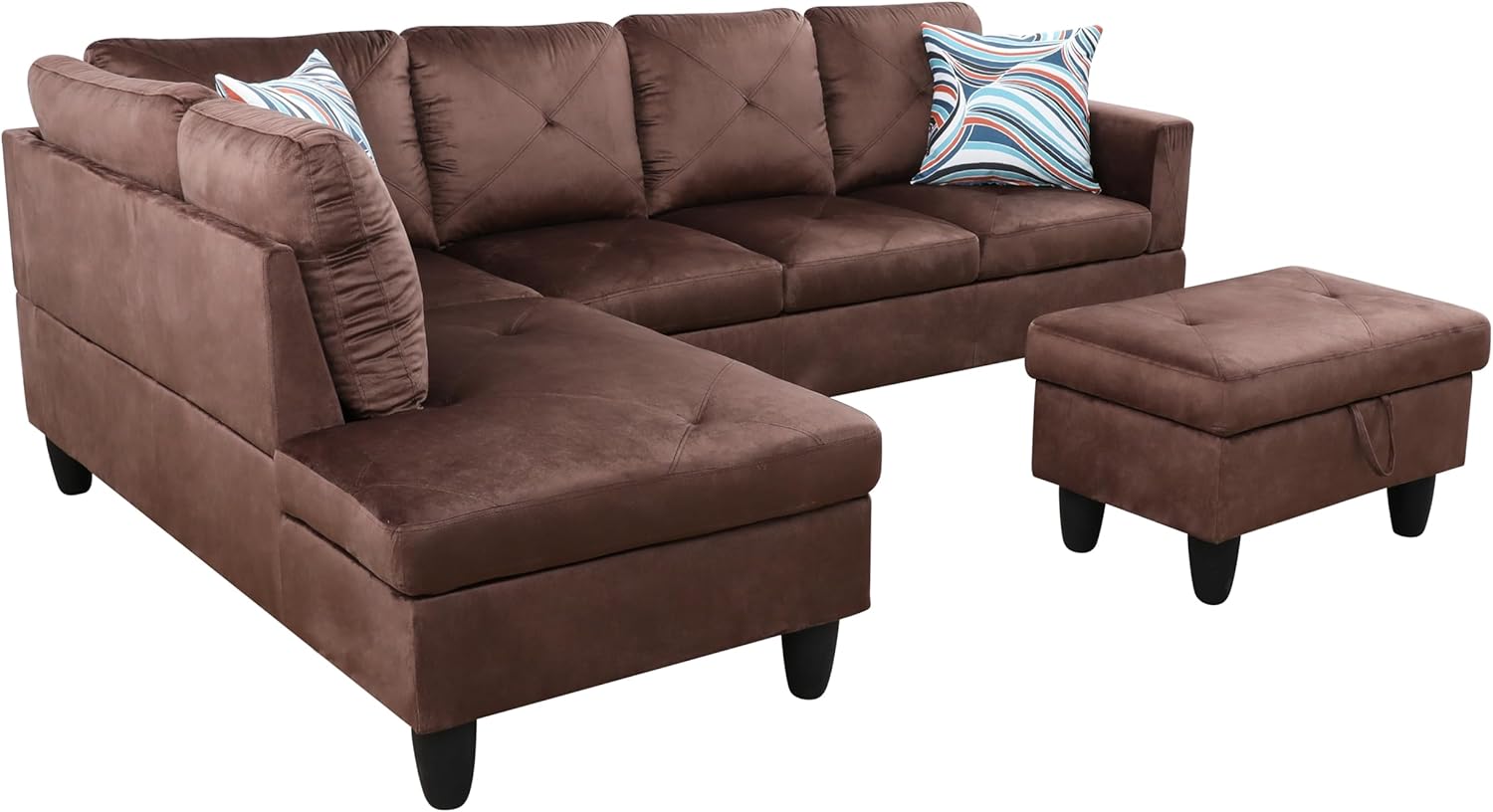 3-Piece Microfiber L-Shaped Sectional Couch Set with Storage Ottoman & Chaise Lounge, 97 in Modern Large Corner Modular Sofa w/Left Armrest for Apartment, Living Room Furniture Set (Brown)