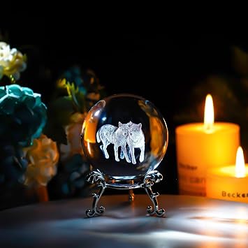 Wolf Crystal Ball with Stand, 2.3 3D Laser Engraved Glass Gift Decor | K9 Crystal, Includes Metal Stand, Ready to Display, Gift Box Included, Home & Office Decor