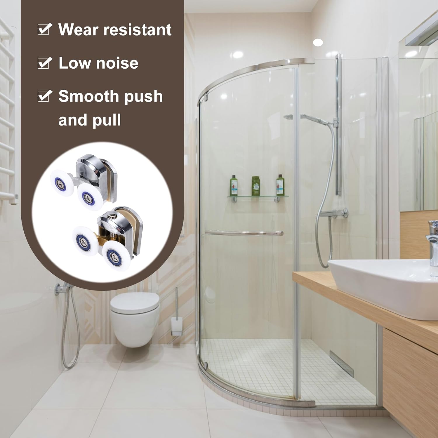 MECCANIXITY Shower Door Rollers Wheels, 25mm Bathroom Glass Shower Door Replacement Parts Runner Sliding Roller Wheel with Anti Collision Block for Bathroom Doors (Silver, 2 Top + 2 Bottom)