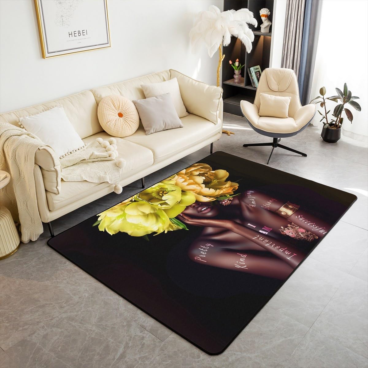 jejeloiu Black Girl Area Rug 5x7 Kids African Woman Themed Living Room Rugs for Bedroom for Boys Girls Women Pink Floral Decorative Carpet Non-Slip Fashion Indoor Floor Mat