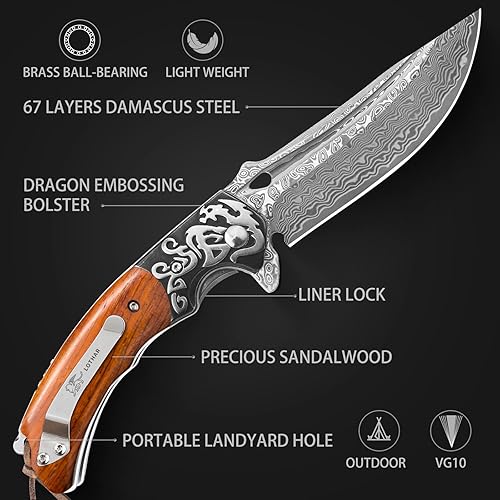 Miniatura 3 de LOTHAR RHAEGAL Damascus Pocket Knife for Men, Handmade Forged VG10 Damascus Folding Knife with Sandalwood, Retro Leather Sheath, Pocket Clip, Men
