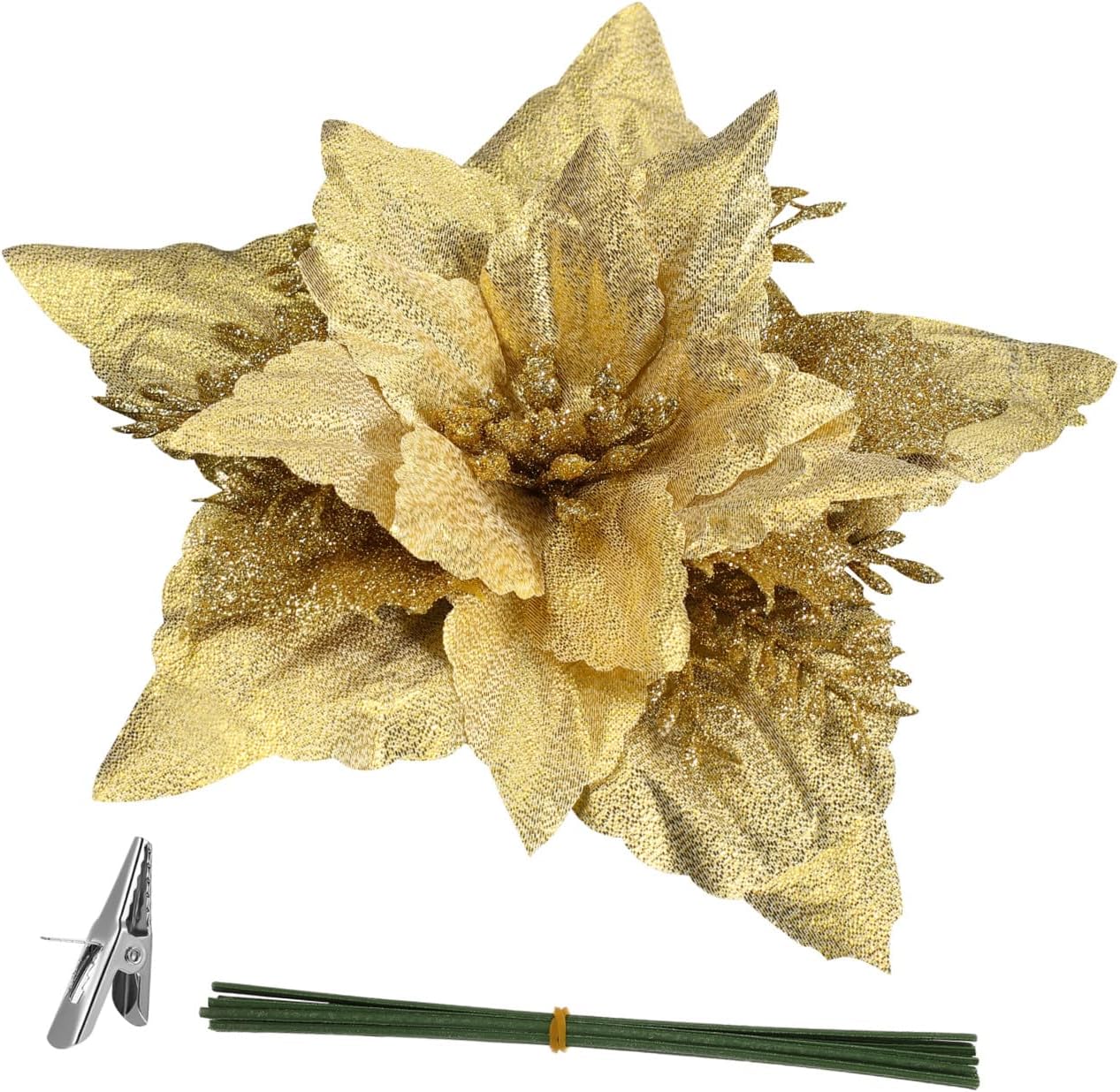TOYANDONA 12pcs Christmas Poinsettia Flowers, 7 inch Artificial Poinsettia Flowers Glitter Gold Christmas Tree Ornaments with Clips and Stems for Christmas Wreath Party Decorations