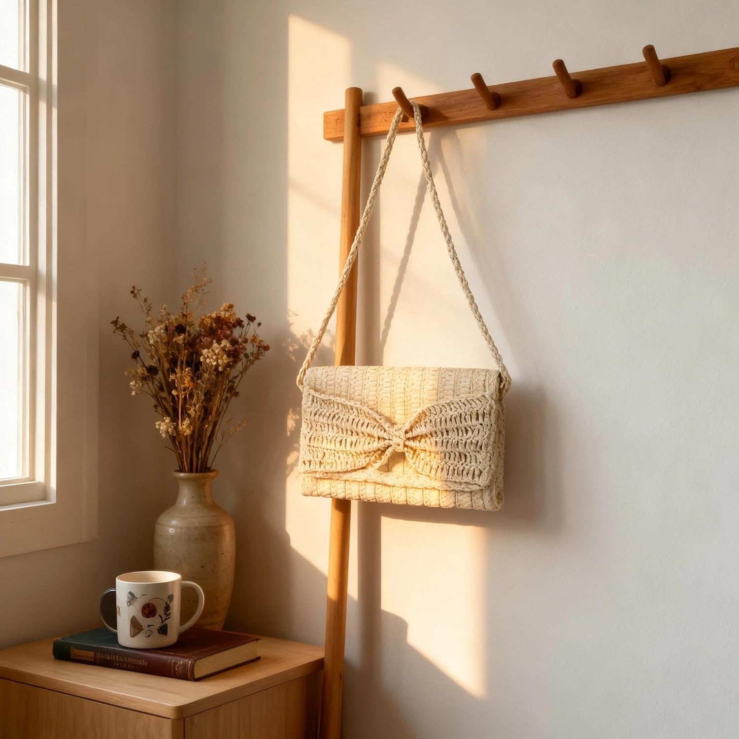 Bow Straw Crossbody Bag for Women, Leather Strap Woven Straw Beach Bag, Summer Vacation Handbag ，Clutch Purses for Women